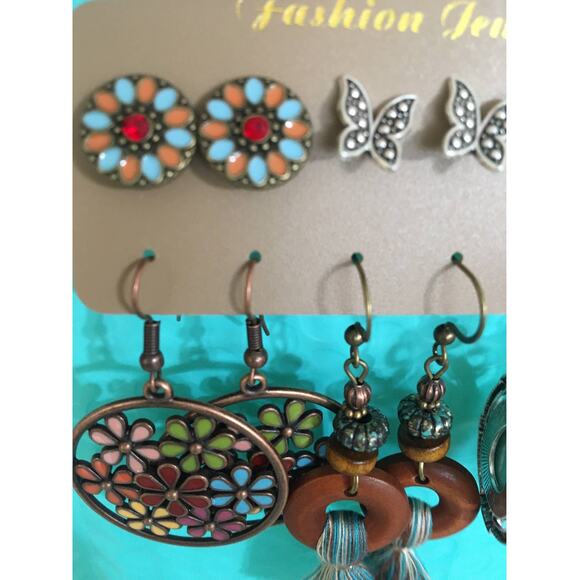 NWT BoHo, Drop Dangle & Stud Earrings, Wood Turquoise Flower Mosaic Pearl... - Picture 2 of 4